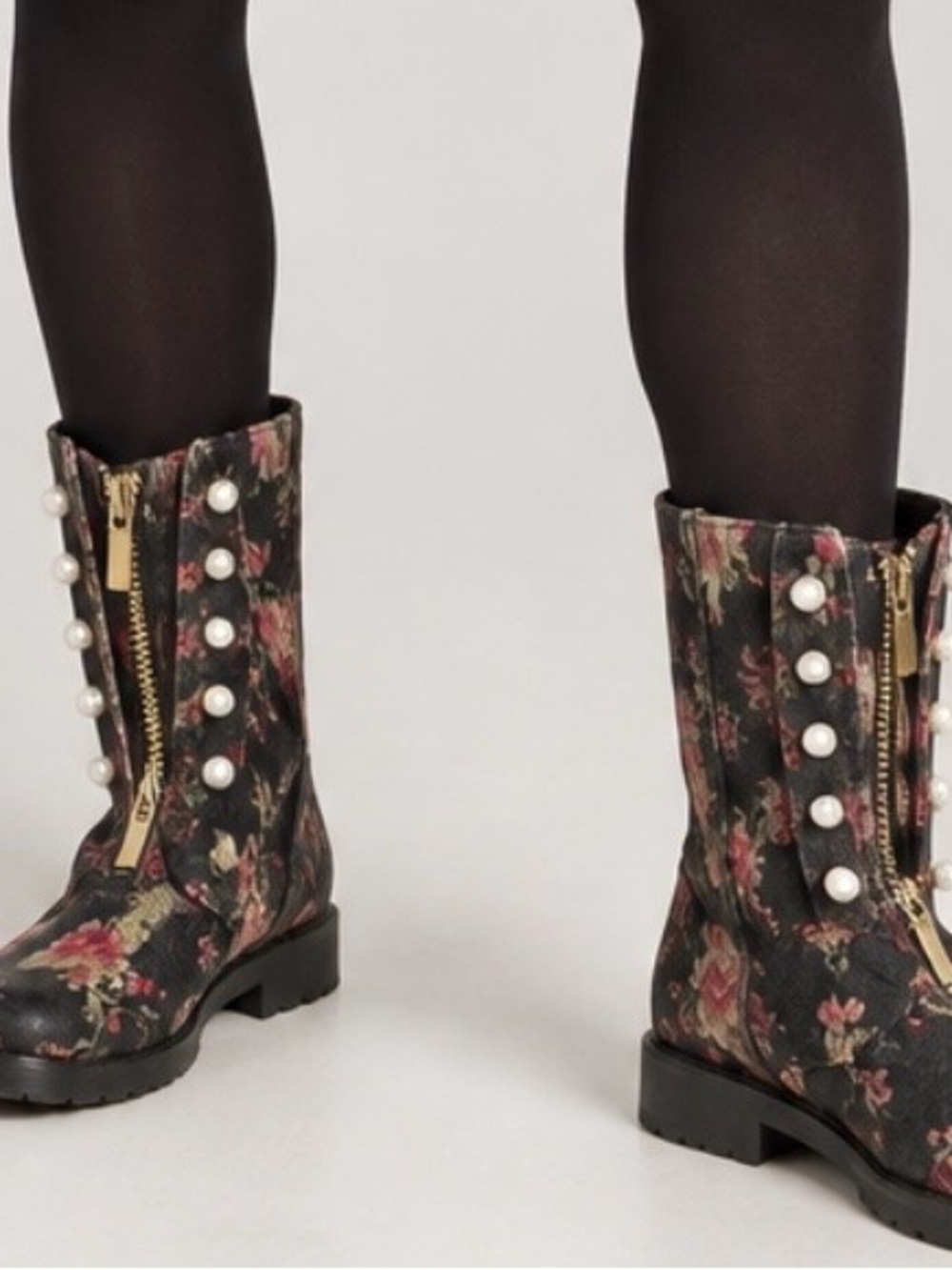 GB Girls Size 4M Black Floral Pearl Studded Mid-Calf Zip Boots